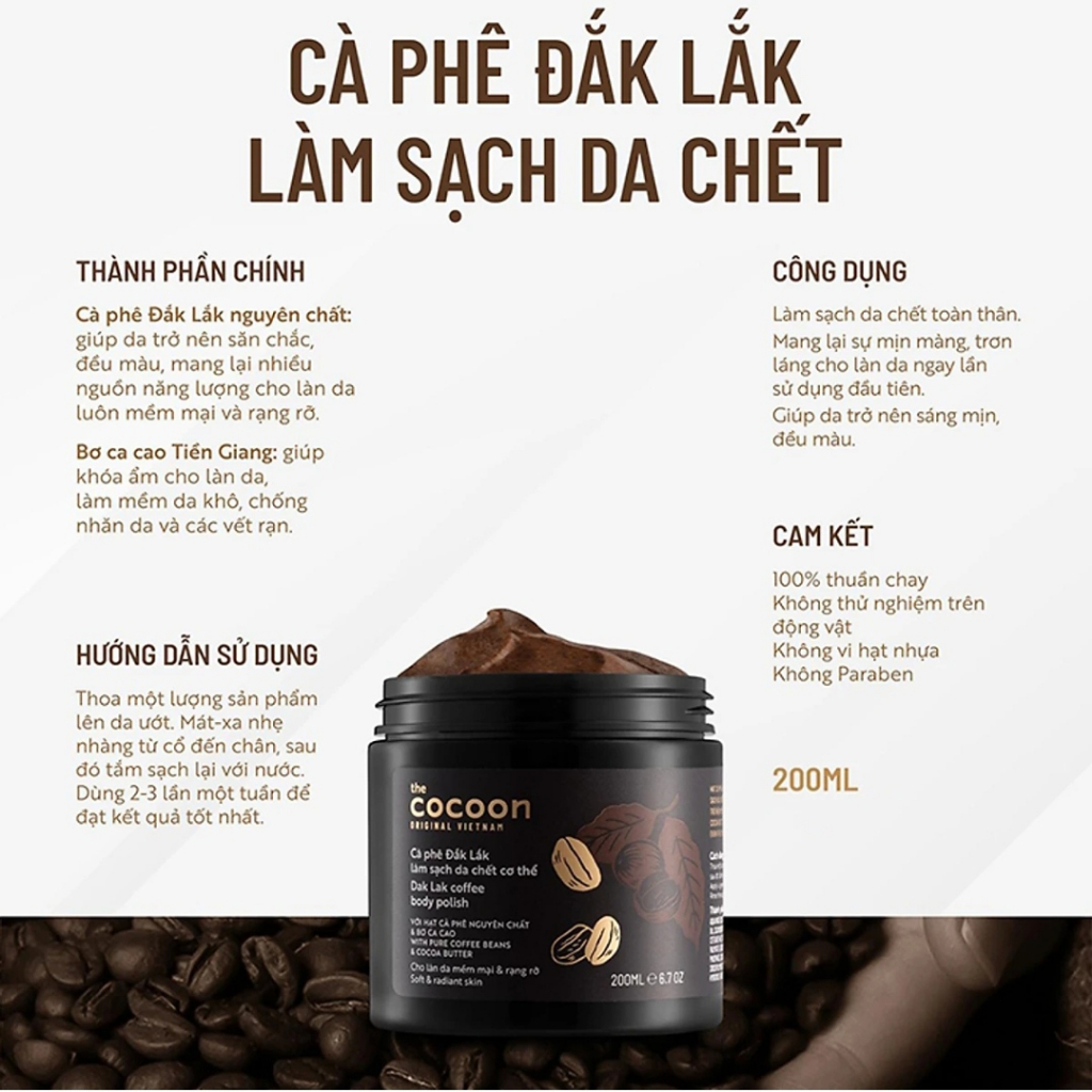 Tẩy da chết cơ thể cà phê Đắk Lắk Cocoon cho làn da mềm mại và rạng rỡ - Thanh Mộc Hương Hà Tĩnh