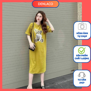 Đầm suông nữ chất thun cotton in hình gấu - Đầm suông hình gấu - Denlaco