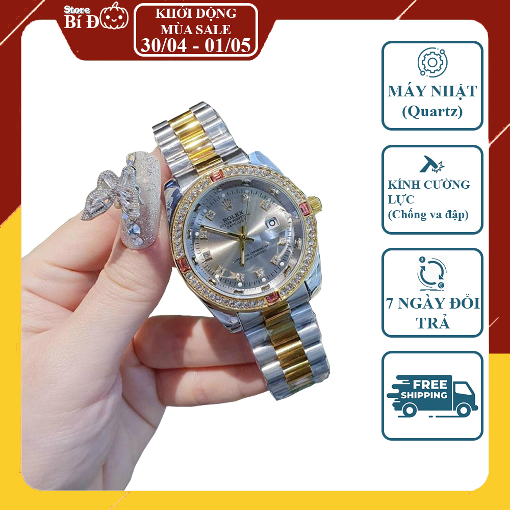 Đồng hồ nam ROLEX máy nhật mặt size 40mm đá màu, dây thép 904L không rỉ CAO CẤP