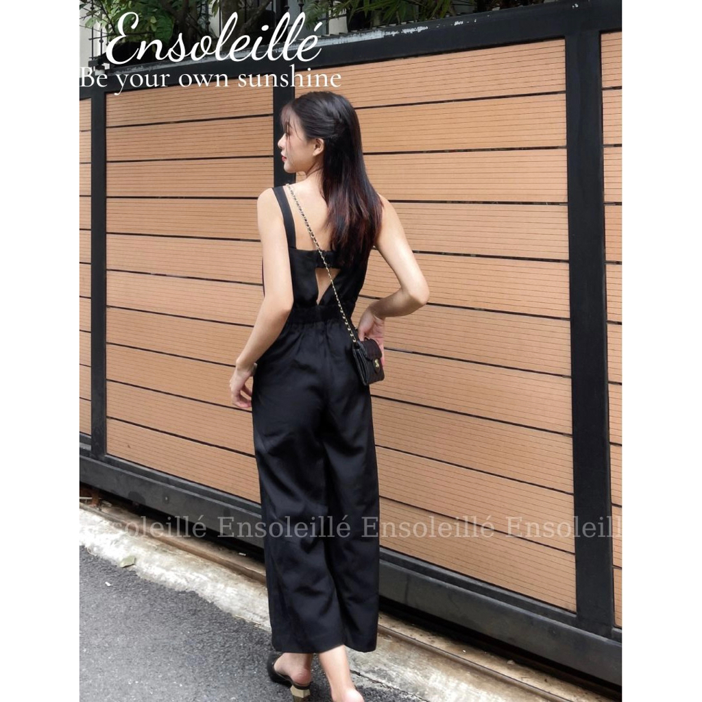 Jumpsuit hai dây bản to Emily dáng dài khoét lưng Ensoleillé Fashion design, vải rayon trơn dáng suông có túi sườn