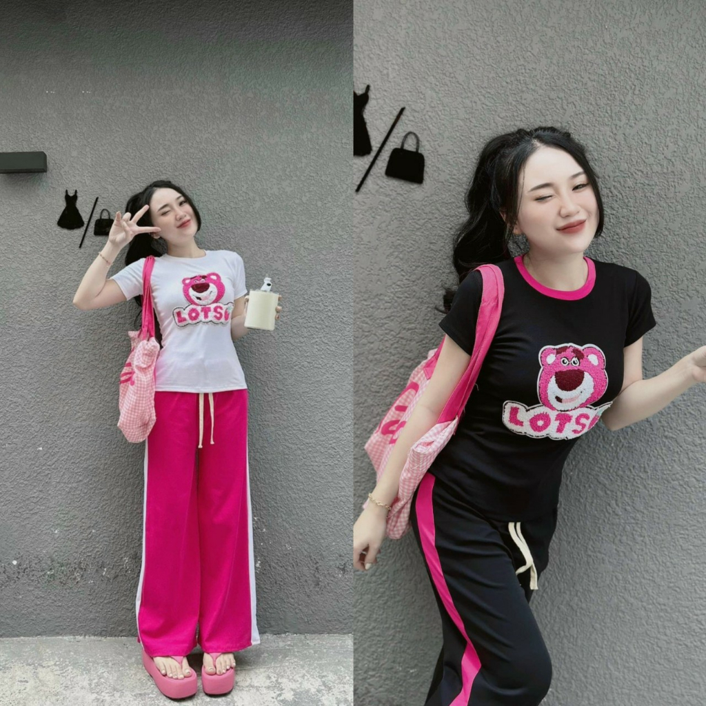 Set bộ thun gân quần dài form rộng mix áo ngắn tay cổ tròn kèm họa tiết con gấu cute đáng yêu [508]