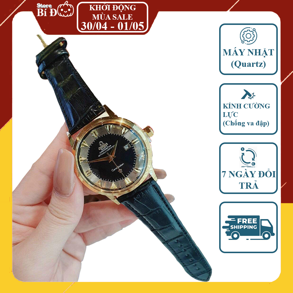 Đồng hồ nam OMEGA máy nhật, kính shaphire, chống nước, kim trôi, size 42mm, dây da CAO CẤP