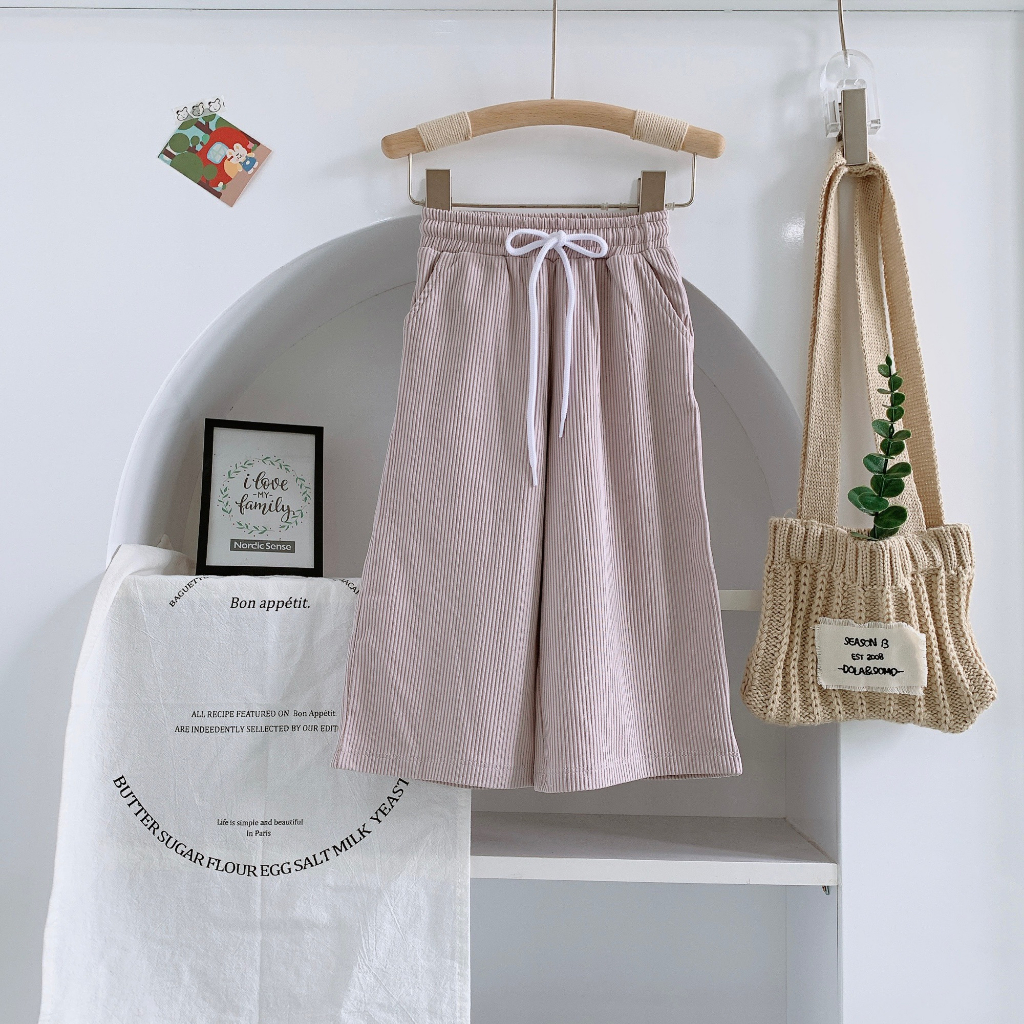 Quần ống rộng bé gái kẻ viền siêu đáng yêu vải cotton mềm co giãn, Quần leggin bé gái