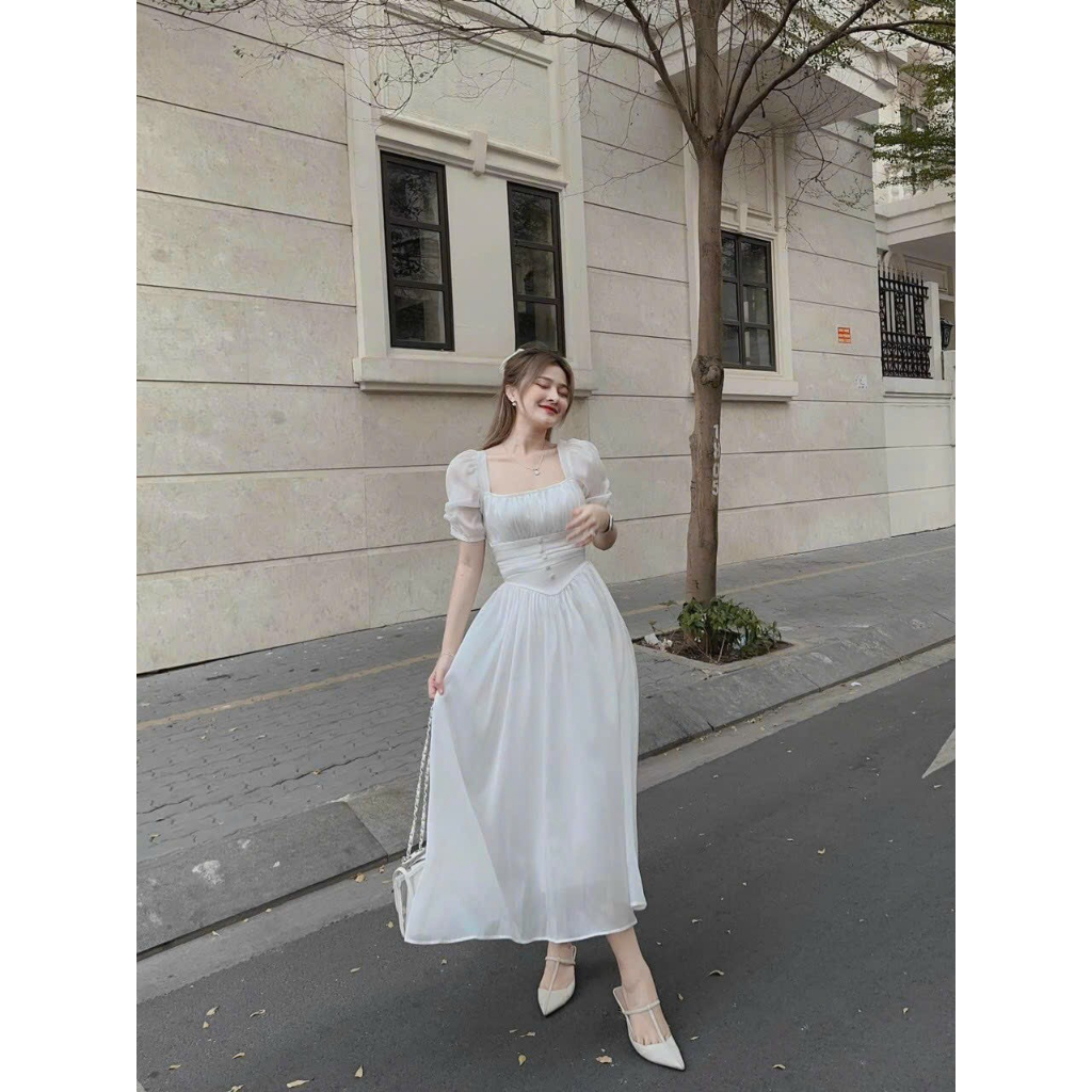 ĐẦM XÒE NHÚN NGỰC NÚT BỌC CÓ LÓT CÓ MÚT CHẤT LIỆU VOAN ÁNH TƠ