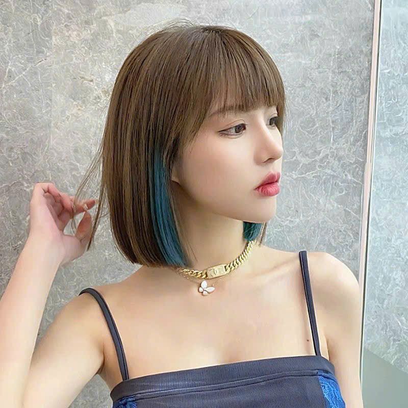 Tóc giả nữ nguyên đầu Vic ngắn phối lai xanh độc đáo