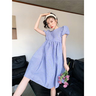 [Order] Đầm xòe dáng công chúa mùa hè mới màu xanh dương kẻ sọc thiết kế tay phồng trẻ trung xinh xắn