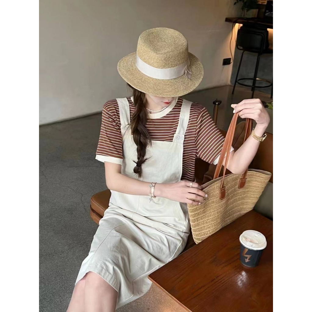 Set Đồ Nữ Yếm Váy Đầm Dài 2 Dây Form Rộng Dáng Suông Chữ A Xẻ Tà, Áo Thun Nữ Ngắn Tay Kẻ Sọc Set Đồ Nữ Đi Chơi SD353