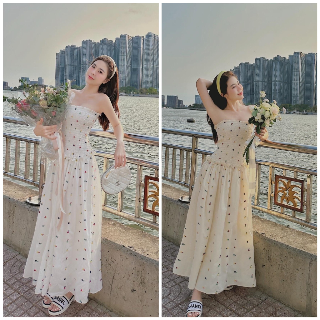 Đầm midi ống hoa chun 2 màu - Kho tuyển sỉ ưu đãi chiết khấu tốt