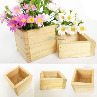 Chậu gỗ trồng cây sen đá trang trí, chậu cây vuông decor - chậu cây gỗ thông tự nhiên, Hộp gỗ vuông VPP