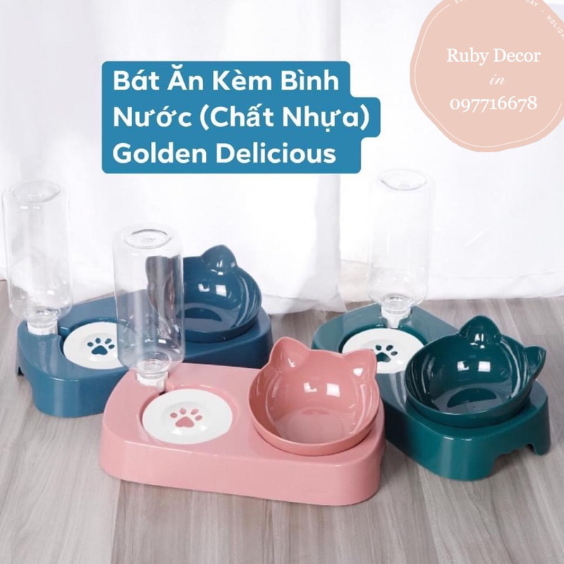 Bát Ăn Đôi Tai Mèo Kèm Bình Nước Tự Động Đế Nghiêng Cho Chó Mèo, Giúp Chống Gù ,Vẹo Cột Sống Cho Thú Cưng