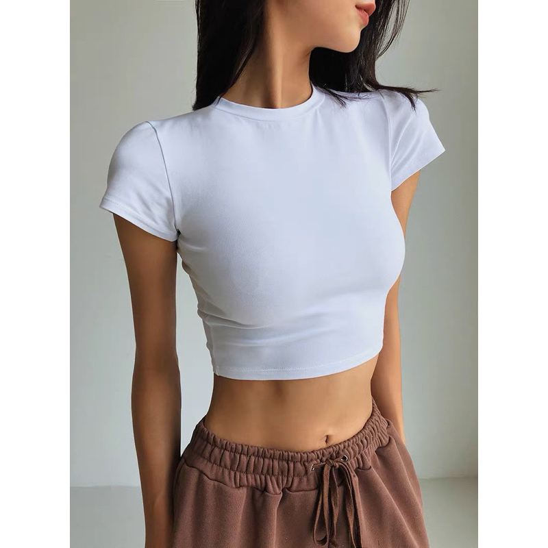 Áo thun cotton co giãn cao cổ tròn nhỏ bó sát gợi cảm kiểu Âu Mỹ khoe dáng eo áo thun tập eo cao eo ngắn cho nữ