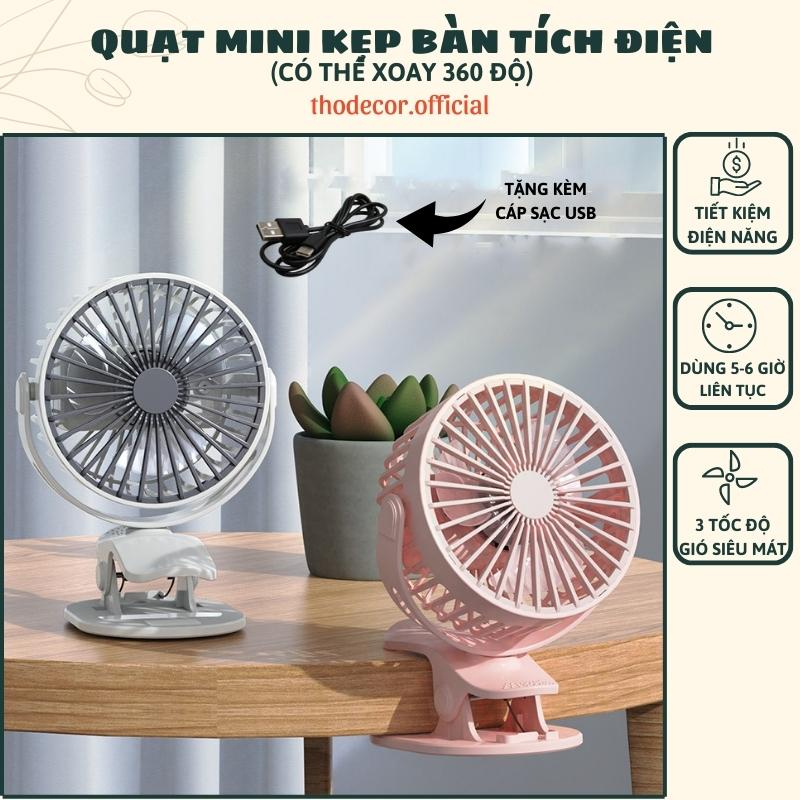 Quạt Mini Để Bàn, Quạt Kẹp Bàn Pin Tích Điện Xoay 360 độ, Quạt Kẹp Xe Đẩy Cho Bé