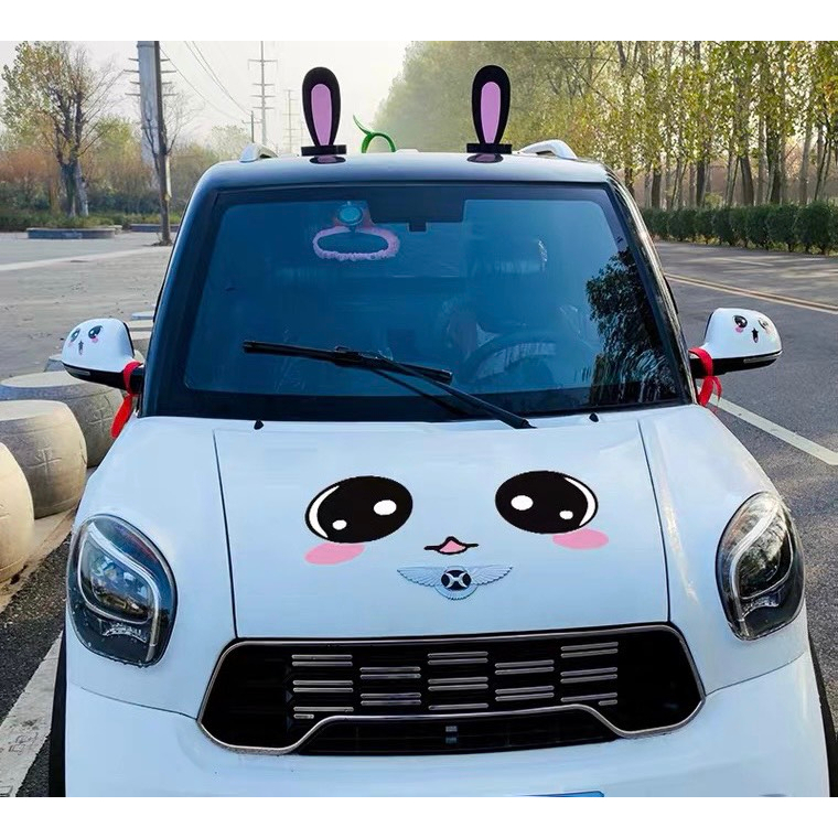 Sticker Dán mui xe ô tô họa tiết gấu thỏ dễ thương - Decal dán nắp capo xe hơi hình gấu thỏ