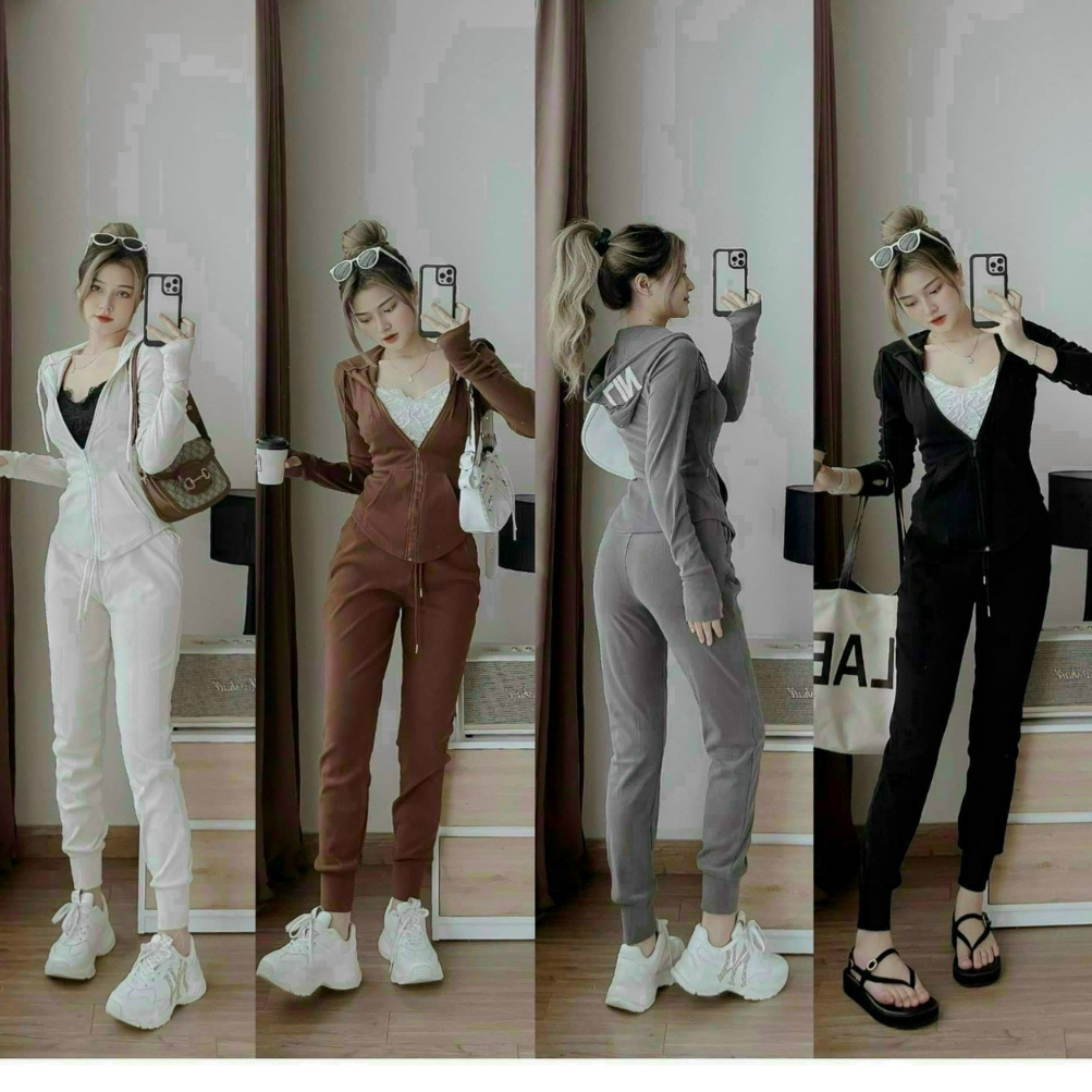 Set đồ bộ nữ áo dây kéo tay dài lai bầu mix quần dai bo chun thể thao dành cho các nàng mặc nhà, đi dạo siêu xinh.