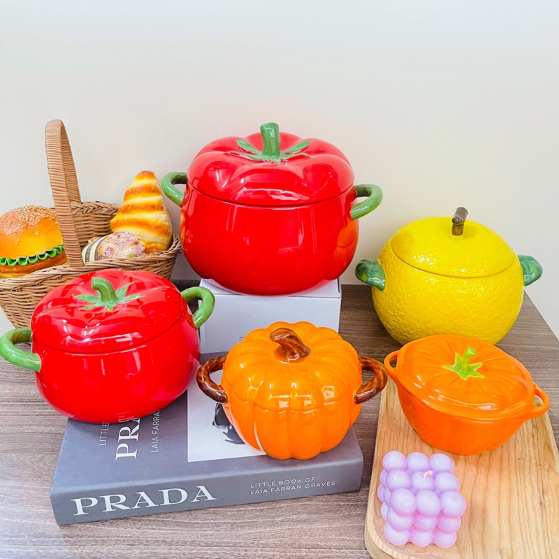 Âu Quả Bí Ngô Cà Chua Sắc Màu Có Quai Cầm Đựng Canh Cơm Soup Dễ Thương Decor Bàn Ăn