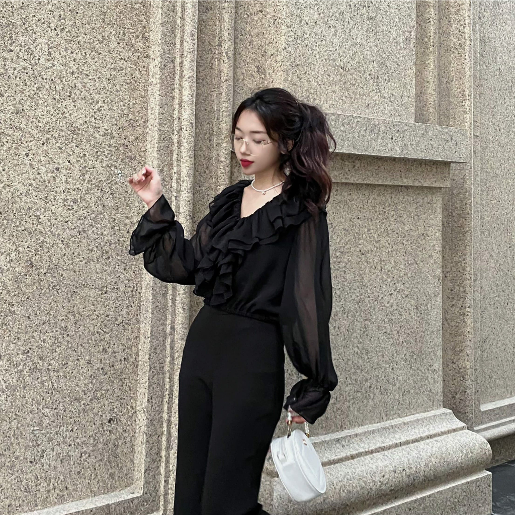 Áo croptop nữ LUCII bèo ngực chất liệu voan nhật thiết kế tay phồng cổ bèo - NGOANLUCII28