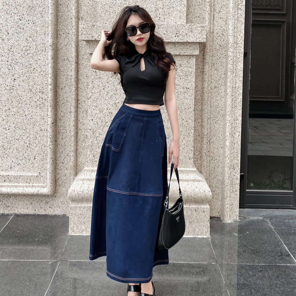 Chân váy midi LUCII thiết kế váy bò dáng xoè chất liệu vải denim - NGOANLUCII39