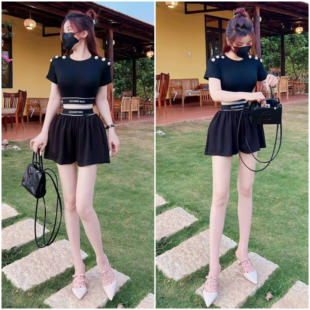 Set đồ bộ nữ áo croptop tay ngắn bo viền mix quần đùi alxdw xinh xắn dành cho các nàng diện dạo phố, đi chơi .