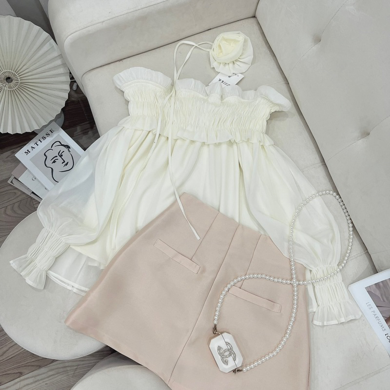 Set Áo Trễ Vai Bèo Voan Tơ Hàng L1 Kèm Hoa + Chân Váy Dáng A Tacta Có Ảnh Thật
