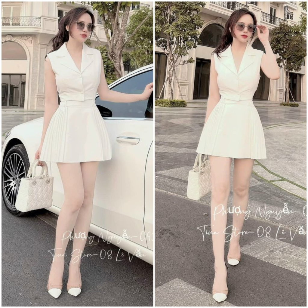 Set đầm váy nữ áo cổ vest cài nút mix chân váy dập ly hai bên tôn dáng dành cho các nàng đi chơi, hẹn hò siêu sang chảnh