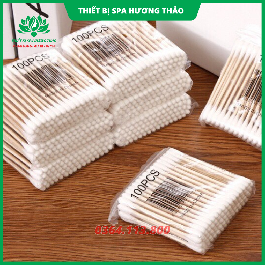Tăm bông 100 que thân gỗ ngoáy tai ,nặn mụn cho Spa