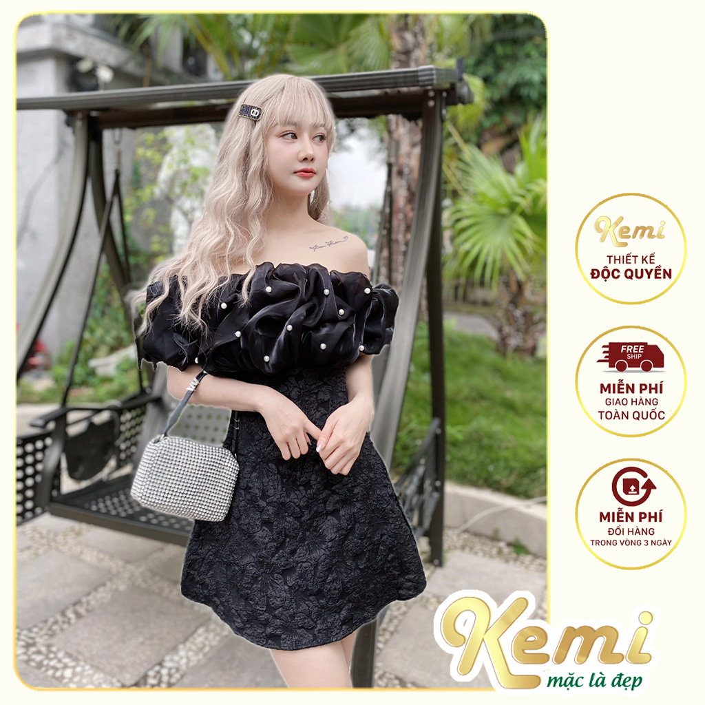 Váy đi tiệc trễ vai chất Xốp đính hạt ngọc nhún bèo tơ óng mềm mại Kemi đầm bẹt vai thiết kế diện sinh nhật kỷ yếu