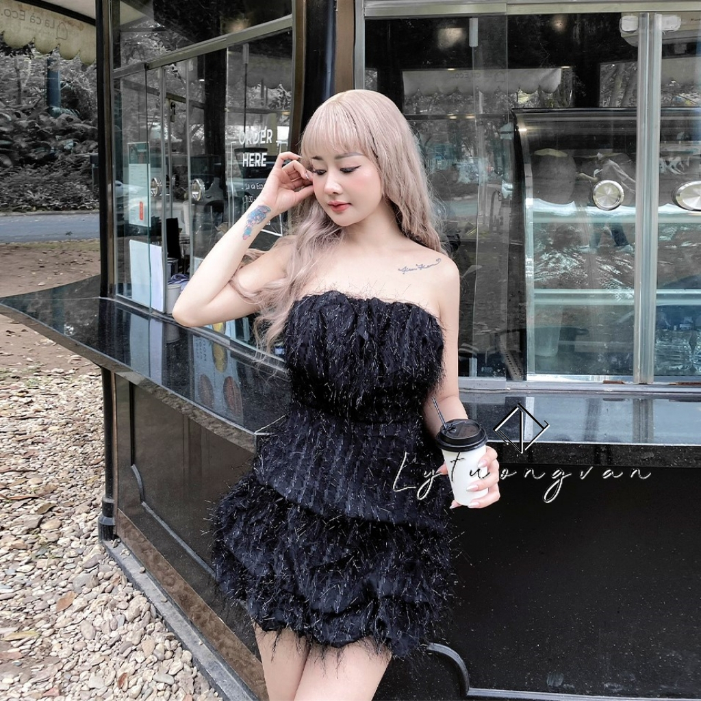 Đầm váy lông kim tuyến cúp ngực chân bồng Say fashion thiết kế cao cấp
