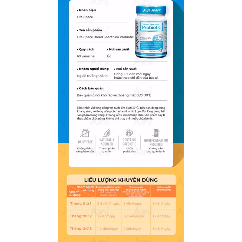 Men vi sinh hỗ trợ tiêu hóa người lớn Life Space Broad Spectrum Probiotic 32 tỉ lợi khuẩn - 40 viên