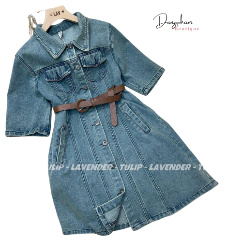 Váy Đầm bò denim cổ bẻ túi nắp khuy dọc dáng ngắn tay cộc hàng QC - Anna.Store