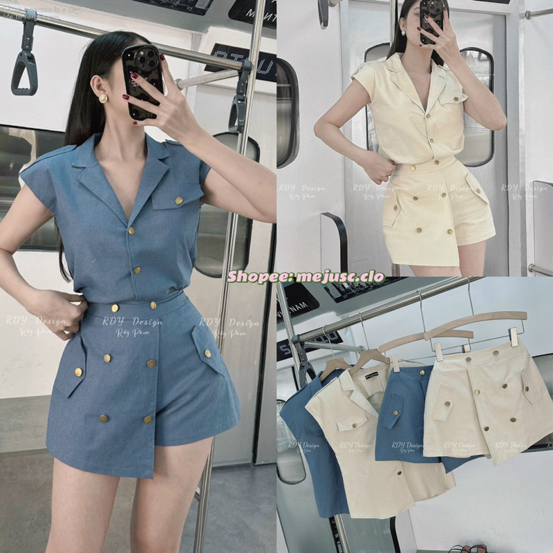Set Thiết Kế Áo Xẻ Khuy Mix Chân Váy Vạt Lệch Sang Chảnh