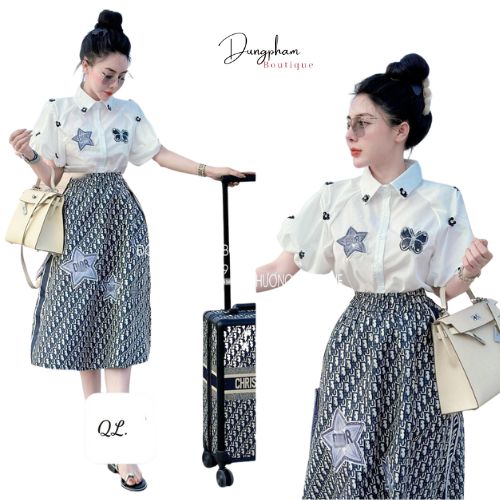 Set Di.or hoa cài mix chân váy Dio midi dáng xuông hàng QC loại 1 - Anna.Store