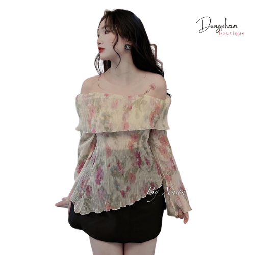 Áo tơ hoa trễ vai bánh bèo chất voan dập ly thoáng mát - Anna.Store