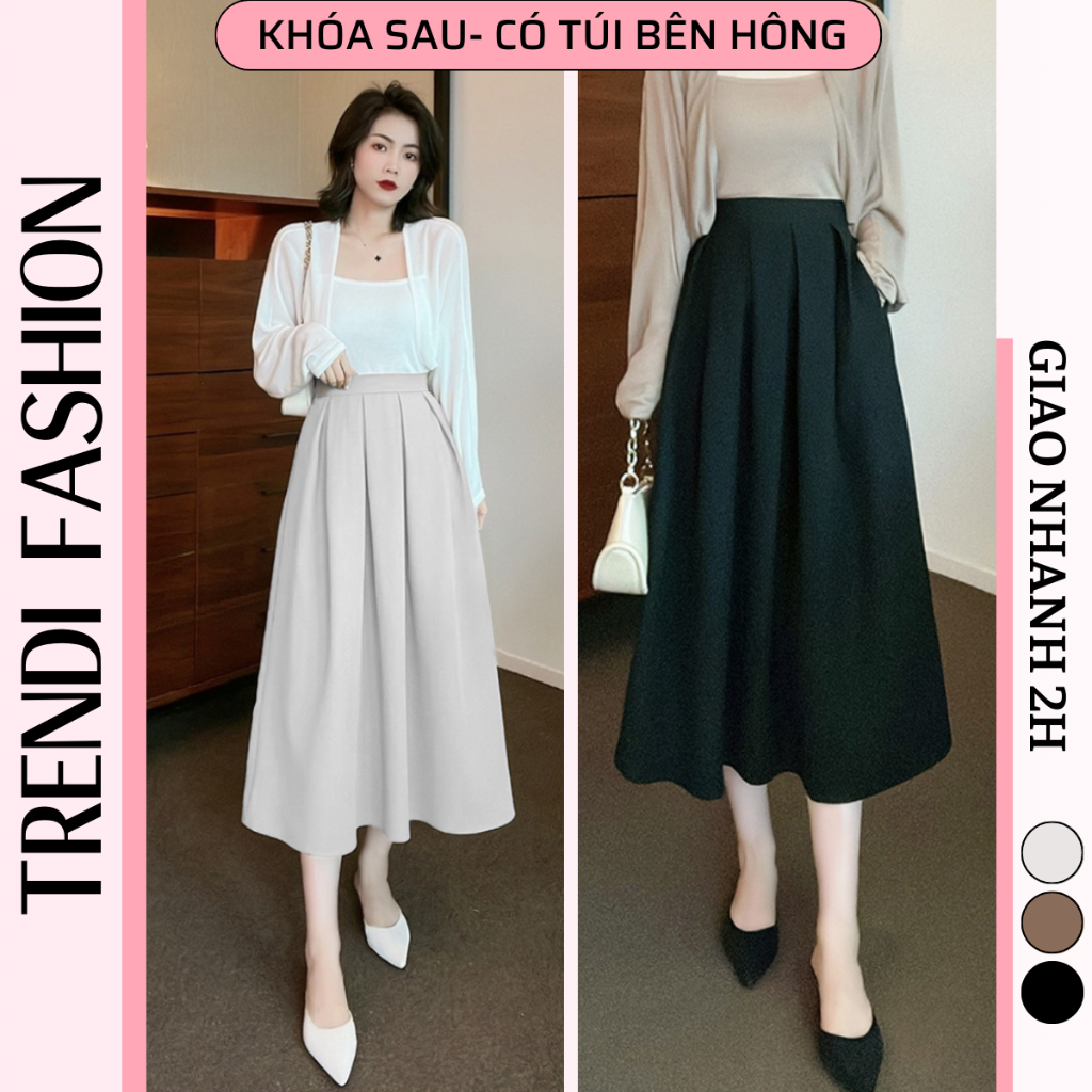 Chân váy công sở xếp li dáng xòe dài qua gối có túi bên hông đi làm đi học đi chơi phong cách sang trọng có bigsize CV51