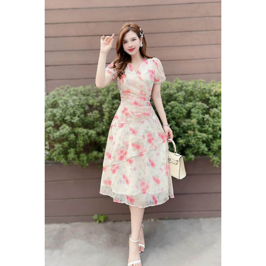Đầm nữ hoa voan xếp ly phồng tay eo bụng sang trọng tinh tế