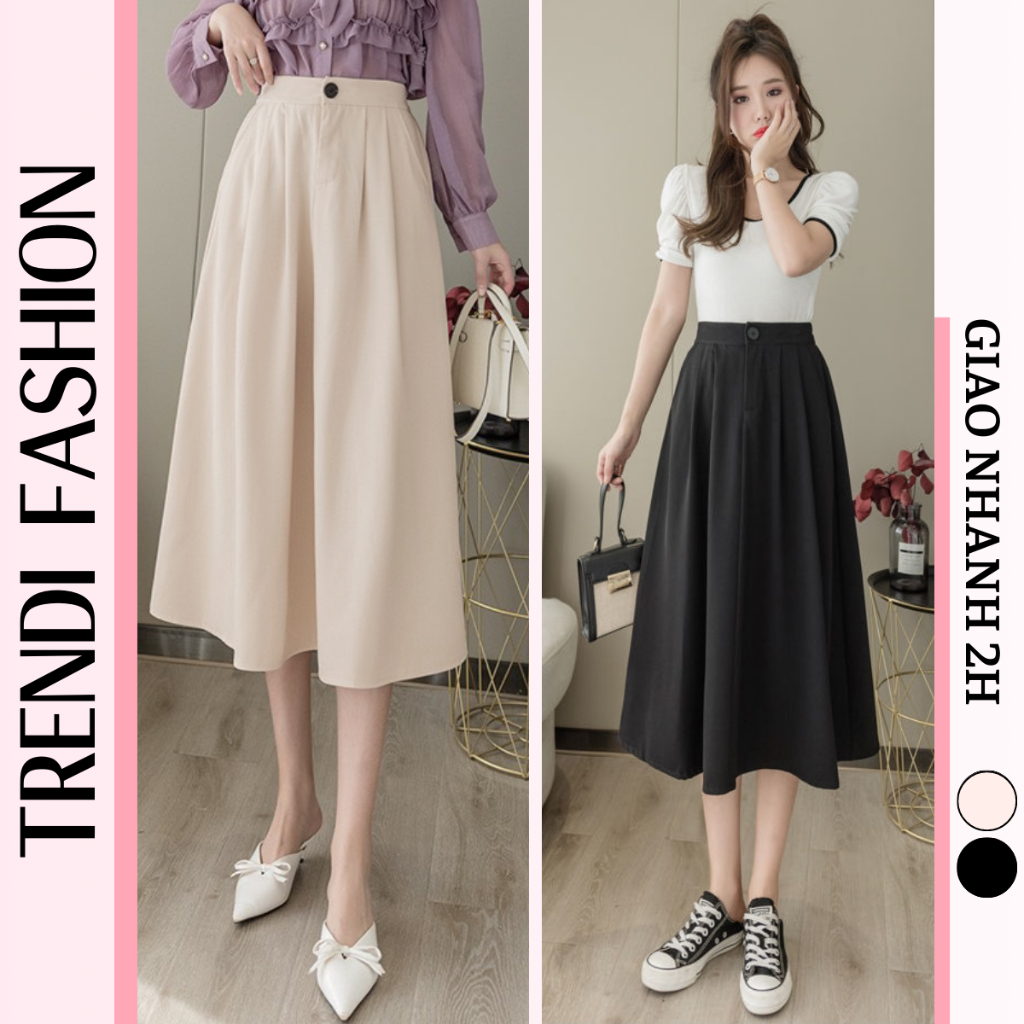 Chân váy midi ulzzang công sở dáng xòe dài qua gối cạp chun sau lưng cao màu đen be đi học đi chơi có bigisze CV44