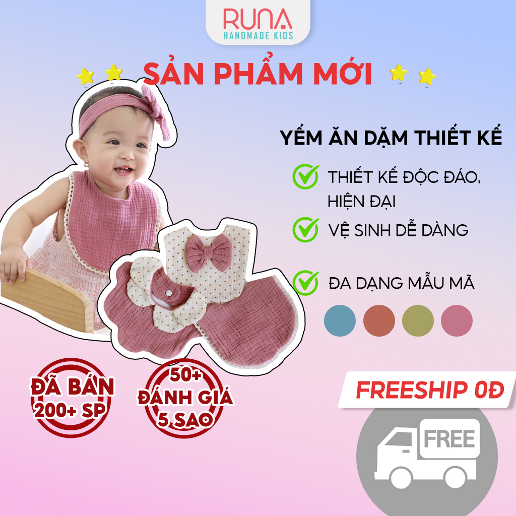 Yếm ăn dặm Runa Kids chất vải xô muslin 4 lớp mềm mịn thoáng khí thiết kế thủ công dễ thương cho bé từ 0-6 tháng