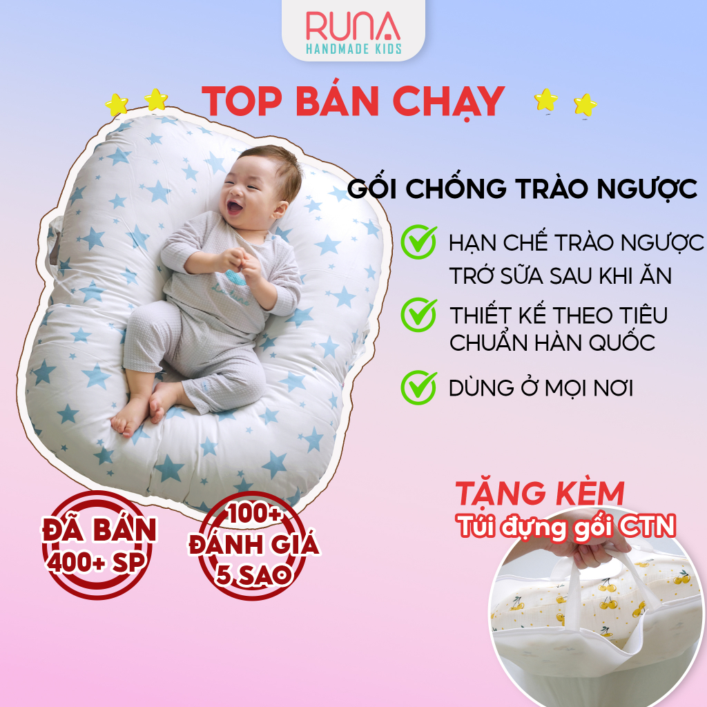 Gối chống trào ngược cho bé cotton Hàn 100% RUNA KIDS gối chống nôn trớ an toàn cho bé size lớn 65x70cm