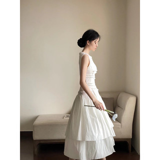 Đầm trắng dài qua gối ngắn tay đầm tầng dài đầm xoè đầm midi trắng bèo