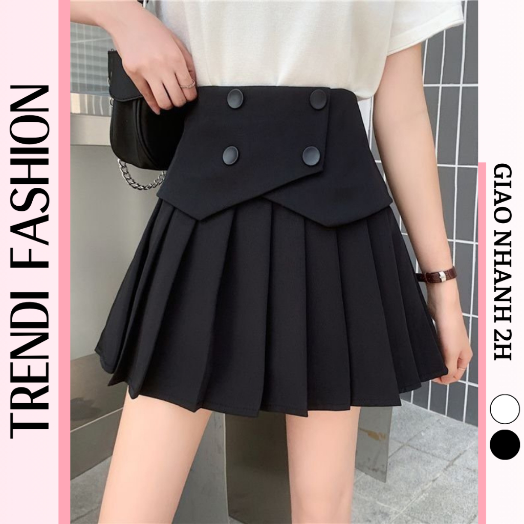 Chân váy tennis xếp ly dáng ngắn chữ a lưng cao công sở 4 khuy nịt bụng ôm eo màu đen trắng có bigsize CV25
