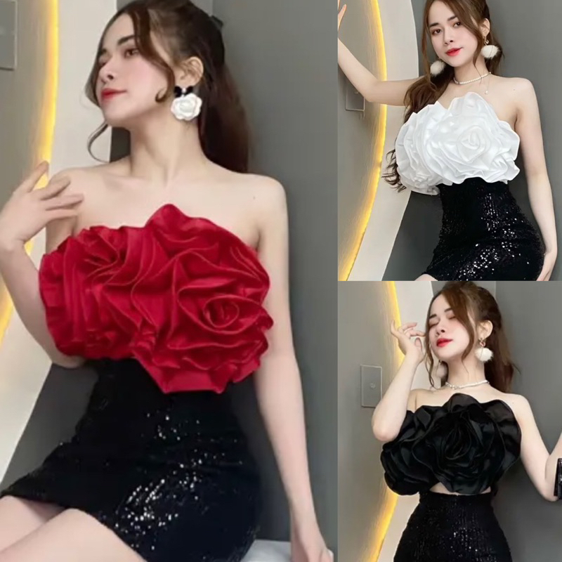 Áo Ống Hoa Hồng Xoè Vòng Ngực Tròn Nhún Lưng