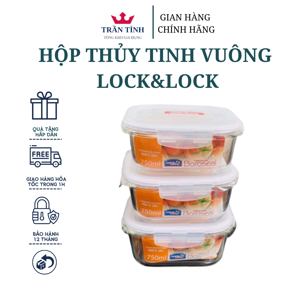 Hộp Thủy Tinh Vuông Lock&Lock LLG224 750mL, độ bền cao, sử dụng với lò vi sóng