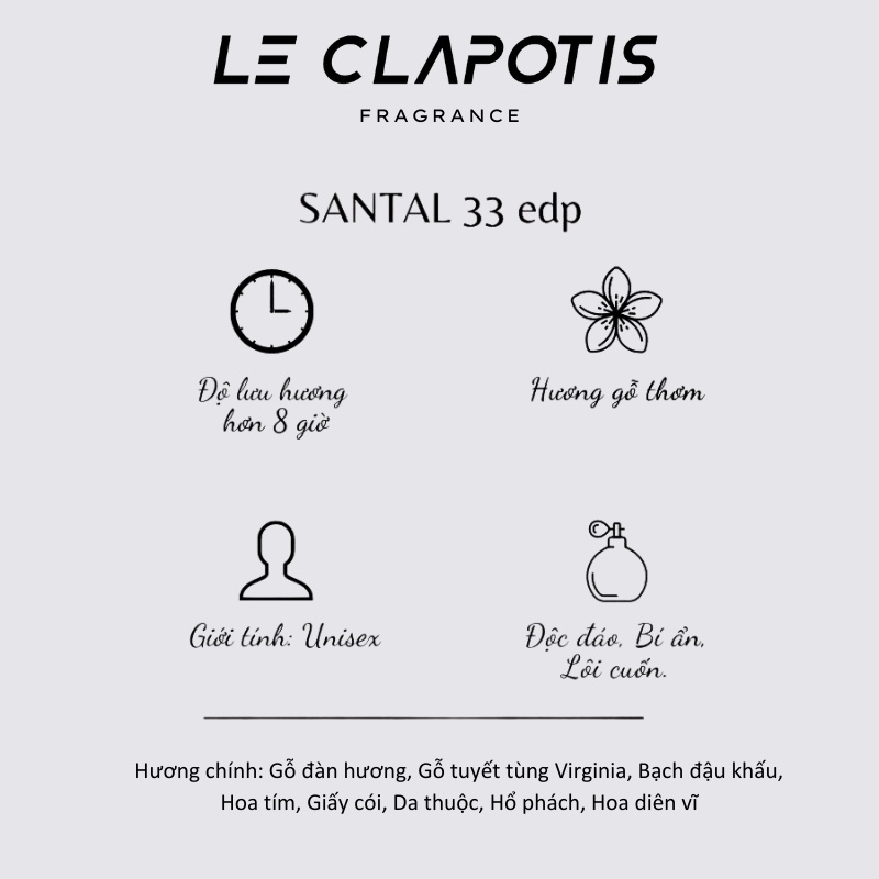Nước Hoa Santal 33 chính hãng Le Clapotis 30ml thơm lâu hương gỗ trầm ấm sang trọng