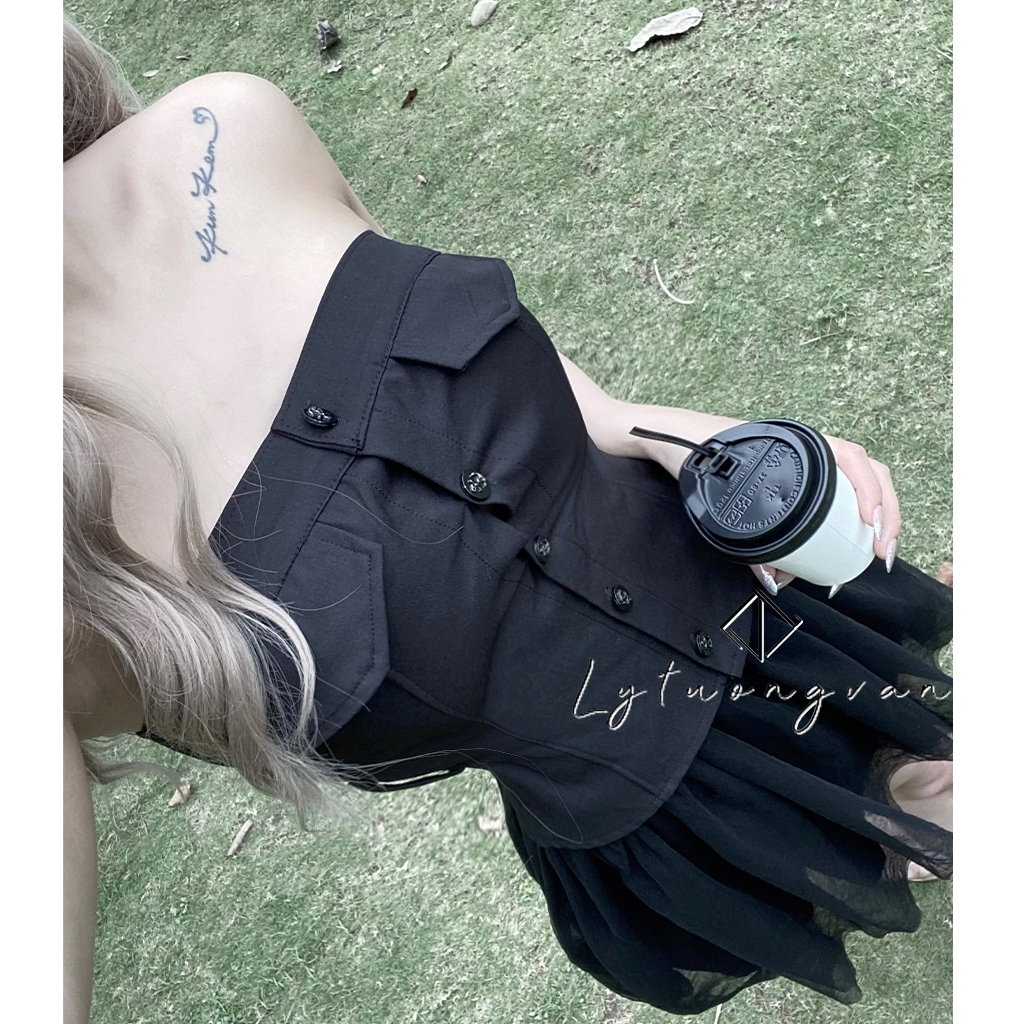 Set đầm kaki phối chân váy tơ công chúa cúp ngực trễ vai bồng bềnh Say fashion thiết kế cao cấp