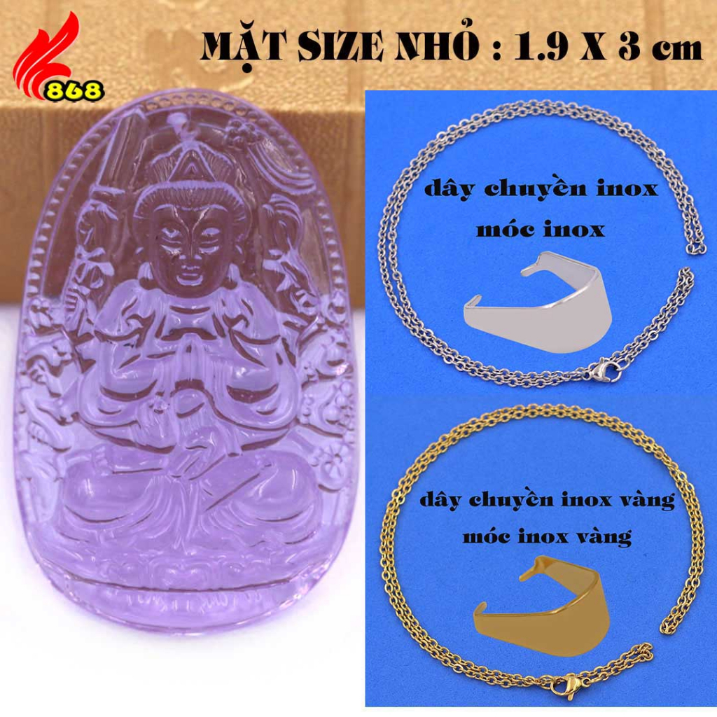 Mặt Phật Quan âm nghìn tay nghìn mắt pha lê tím 3 cm, 5 cm kèm vòng cổ dây chuyền inox + móc inox, M