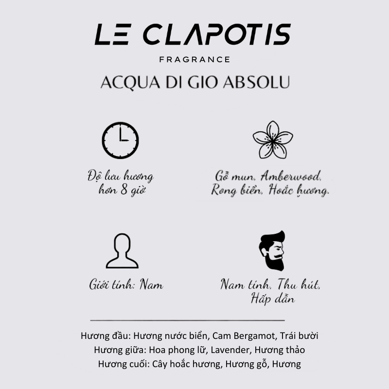 Nước Hoa Nam Acqua Di Gio Absolu chính hãng Le Clapotis Phong Cách Gợi cảm, Nam tính, Sang trọng Thể Tích 20ml