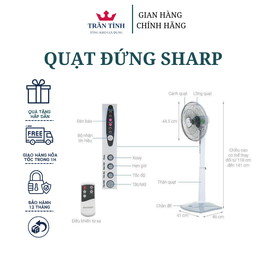QUẠT ĐỨNG SHARP PJ-S40RV có điều khiển từ xa BH chính hãng 12 tháng