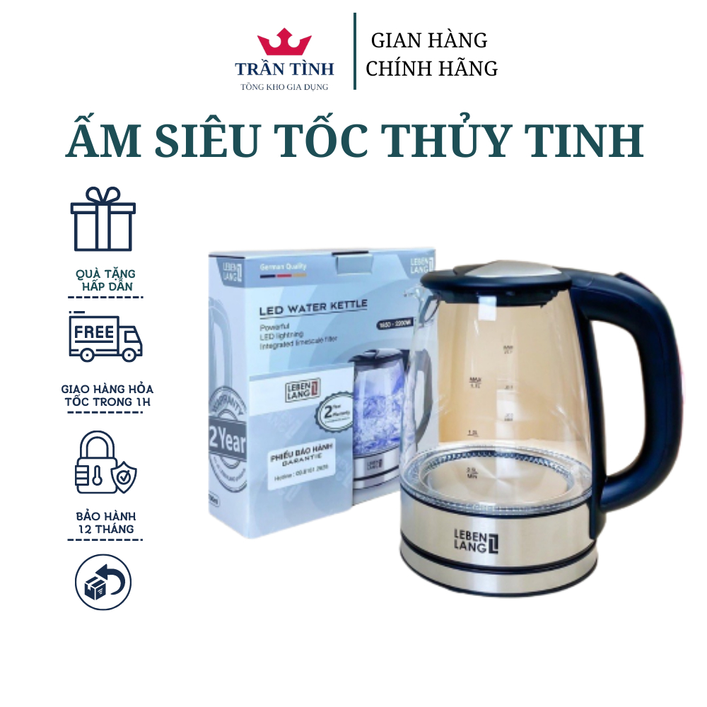 {BẢO HÀNH 24 THÁNG}Ấm siêu tốc thủy tinh LEBENLANG chống nóng có đèn báo dung tích 1.7 lít công suất 2200W