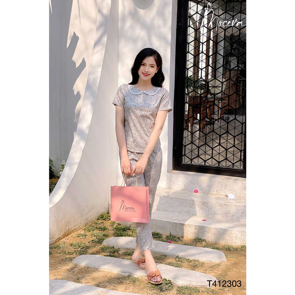 Bộ mặc nhà nữ chất thô Kate Hàn,áo ngắn tay quần lửng mùa hè dòng cao cấp thô Kate Hàn Mộc Eva T122202