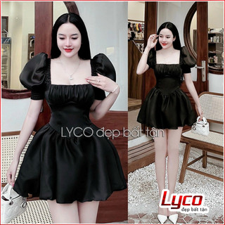 Đầm tơ lụa 3 lớp cổ vuông bo chun vai và lưng váy xòe xếp ly nhẹ nhàng thanh thoát