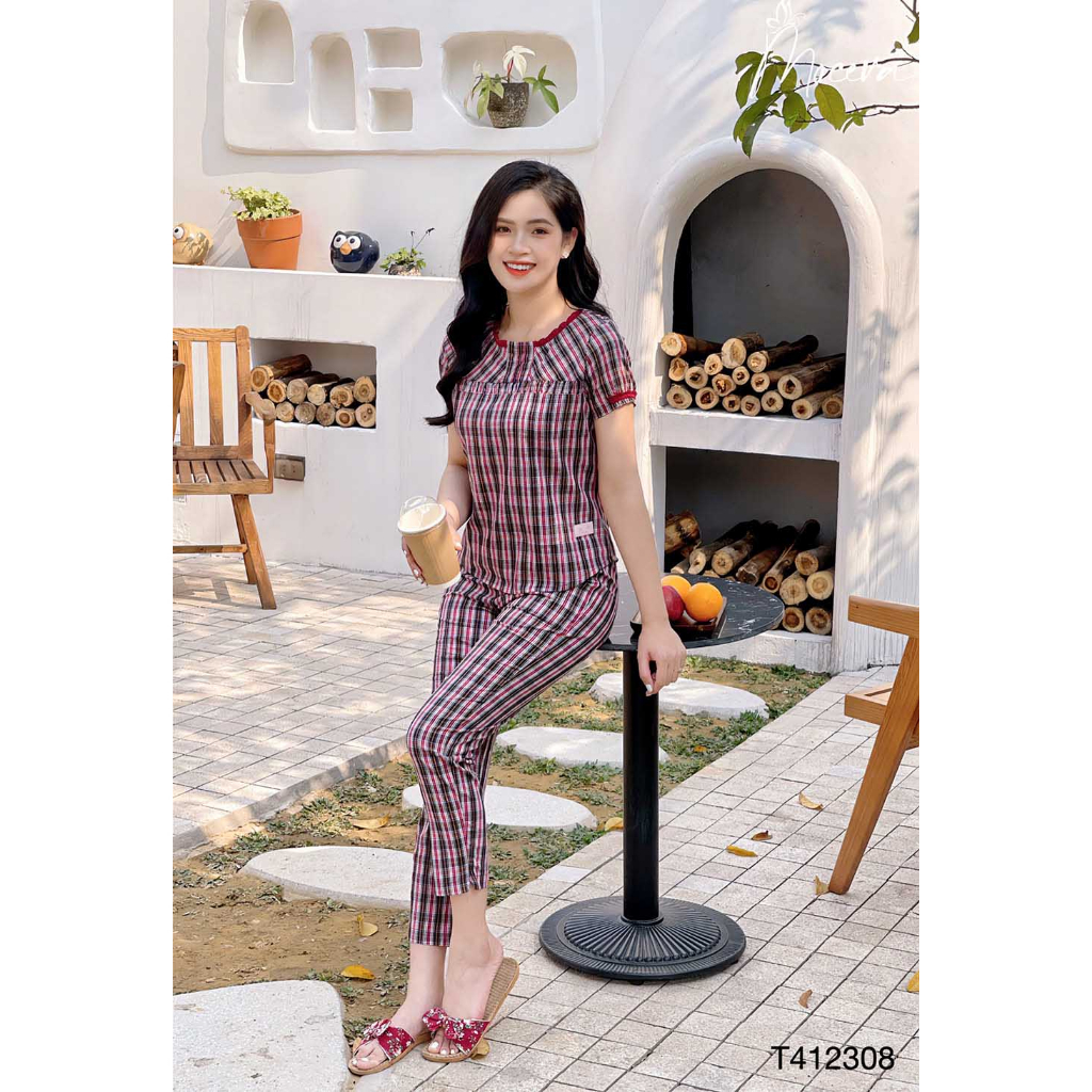 Bộ mặc nhà nữ chất thô Kate Hàn cao cấp áo ngắn tay quần dài thoáng mát Mộc Eva T112221-T412308-T412309
